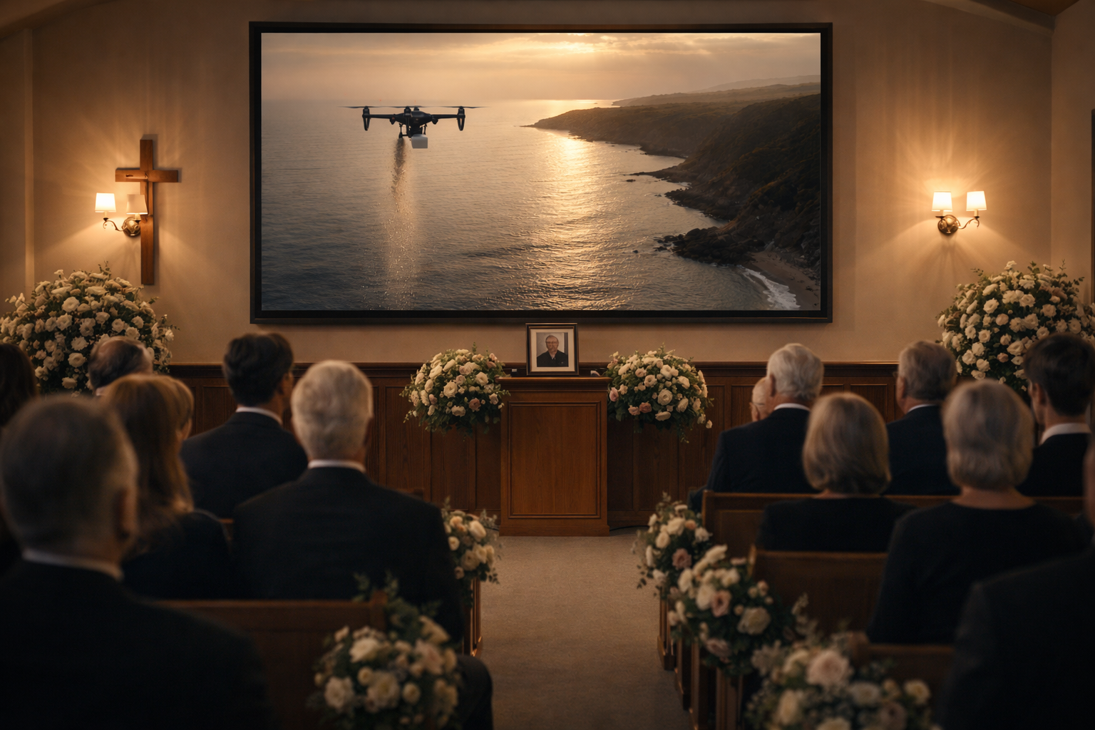 A memorial flight aircraft above coastal water at golden hour.
