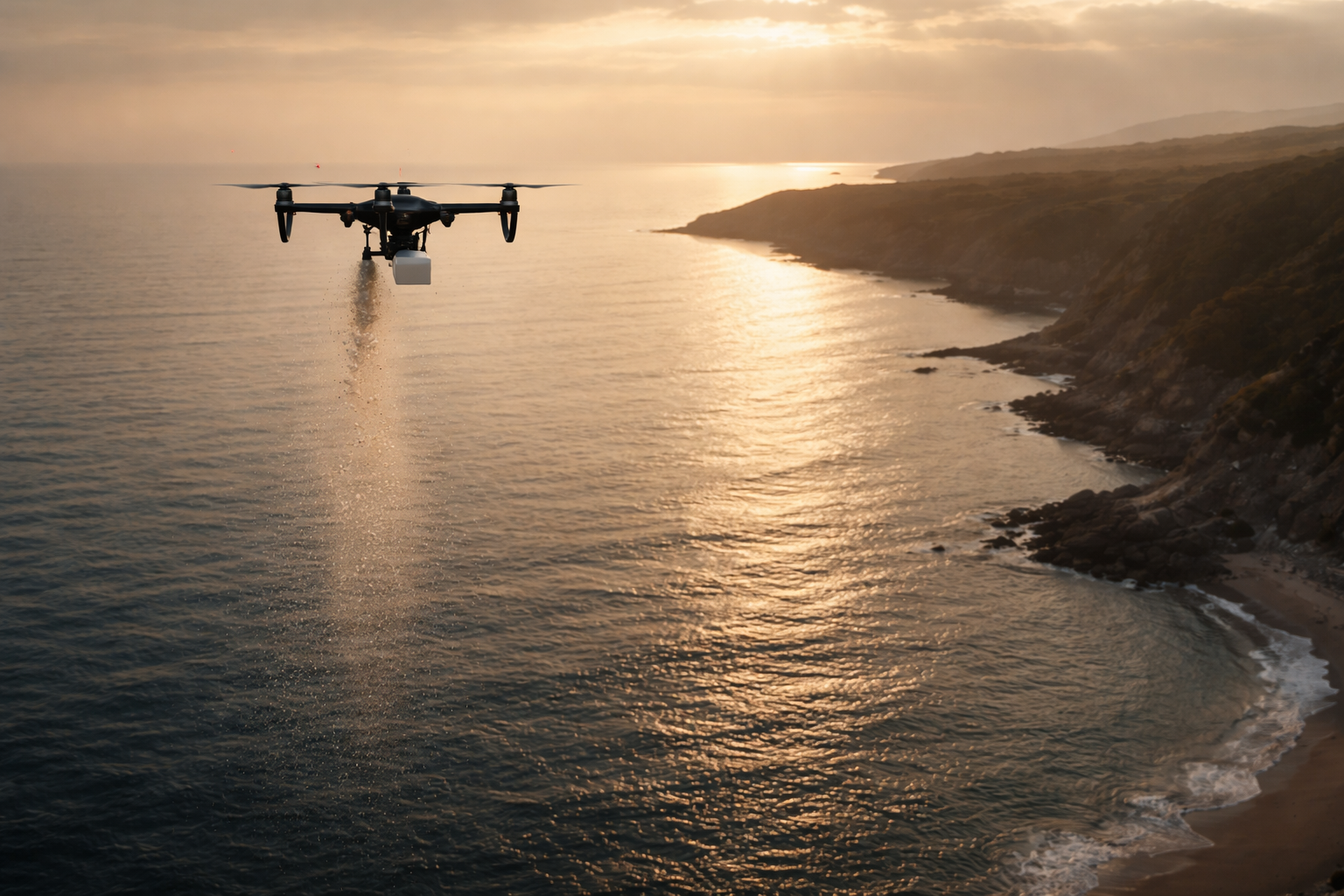 Quiet ceremonial aerial scene over open water.