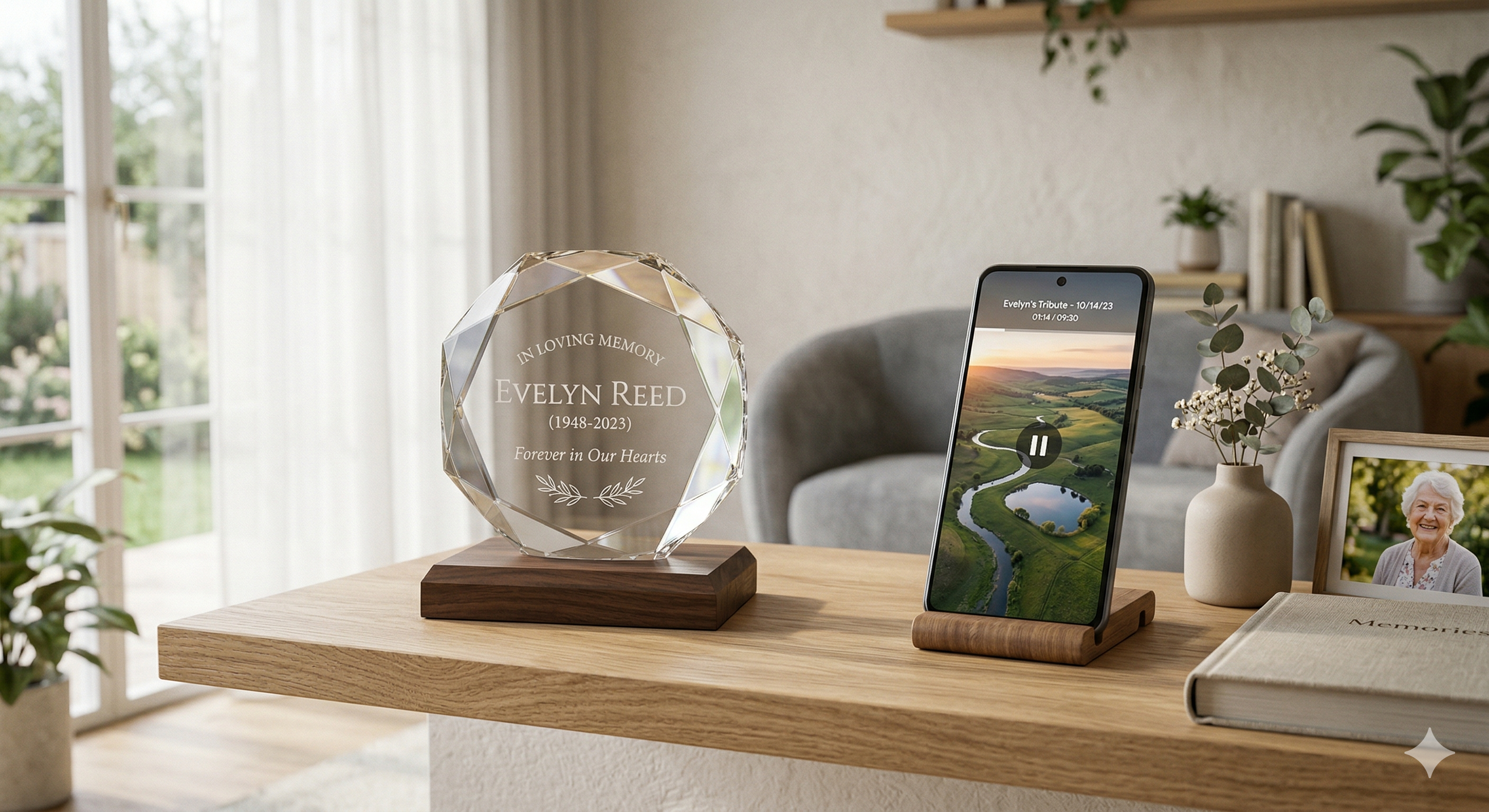 A quiet memorial flight scene above open coastal water.